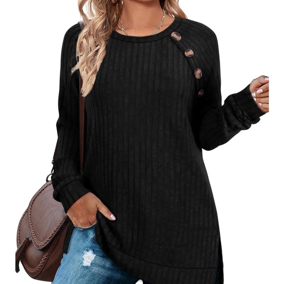 Sweaters - Black Ribbed Sweater with Button Detail